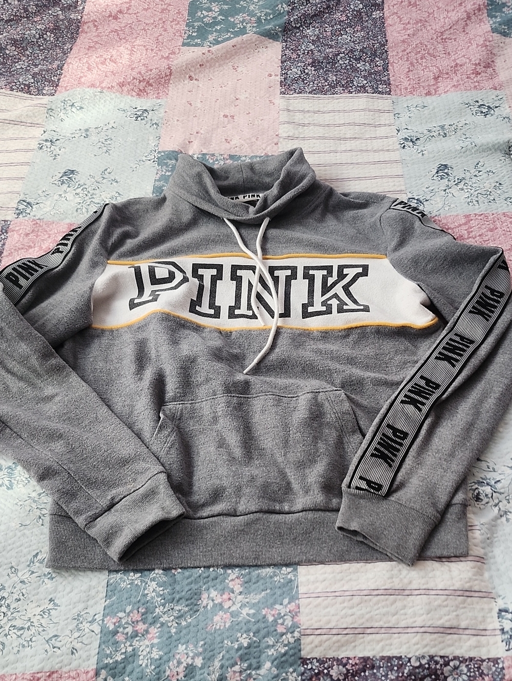 PINK Victoria's Secret Gray Crew Pullover with White & Yellow Stripe